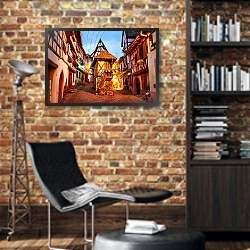 «Традиционные бревенчатые дома в Эгишеме. Кольмар, Эльзас, Франция» в интерьере кабинета в стиле лофт с кирпичными стенами