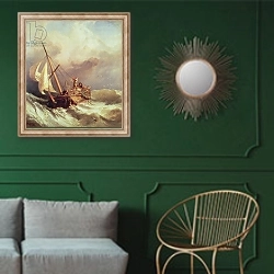 «On the Dogger Bank, 1846» в интерьере классической гостиной с зеленой стеной над диваном