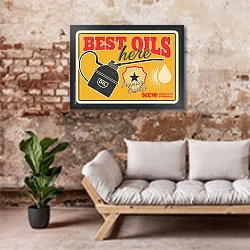 «Моторное масло, ретро плакат для автосервиса» в интерьере гостиной в стиле лофт над диваном