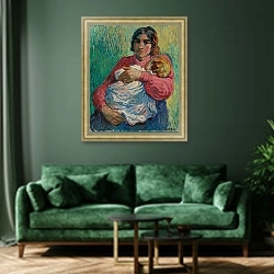 «Motherhood, 1» в интерьере зеленой гостиной над диваном