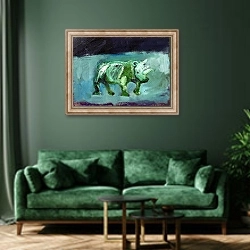 «Rhinoceros, 2002,» в интерьере зеленой гостиной над диваном