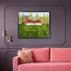 «The Cricket Match» в интерьере гостиной с розовым диваном