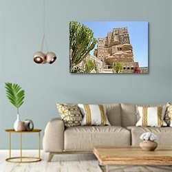 «Йемен, дворец имама в Вади-Дхар в Сане» в интерьере современной гостиной с голубыми стенами