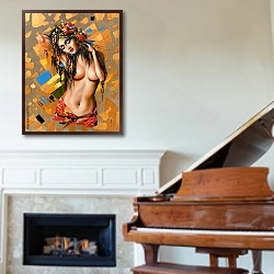 «Портрет красивой обнаженной девушки» в интерьере классической гостиной над камином