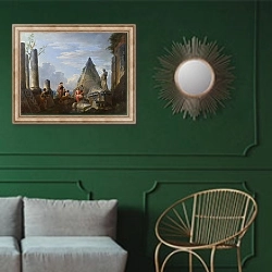 «Римские руины и люди» в интерьере классической гостиной с зеленой стеной над диваном