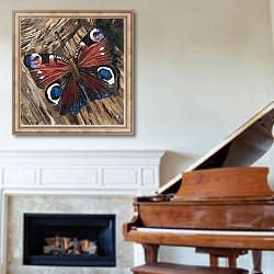 «'Awaken' Peacock Butterfly On Woodpile» в интерьере классической гостиной над камином