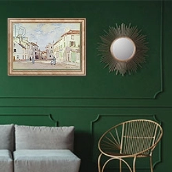 «Rue de la Chaussee at Argenteuil» в интерьере классической гостиной с зеленой стеной над диваном
