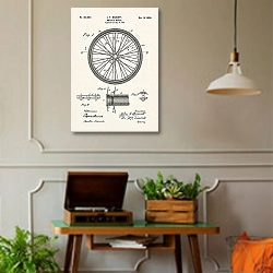 «Патент на велосипедное колесо, 1898г» в интерьере комнаты в стиле ретро с проигрывателем виниловых пластинок