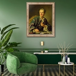 «Portrait of Denis Diderot 1767» в интерьере гостиной в зеленых тонах