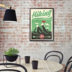 «Ретро-плакат с горным походом » в интерьере кухни в стиле лофт с кирпичной стеной