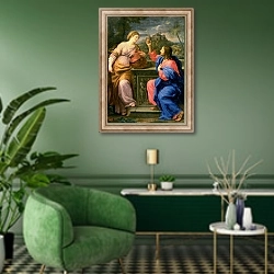 «Christ and the Woman from Samaria» в интерьере гостиной в зеленых тонах