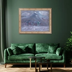 «Mount Katahdin, Snow Storm, 1942» в интерьере зеленой гостиной над диваном