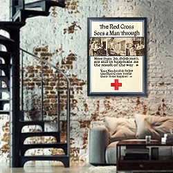 «The Red Cross sees a man through» в интерьере двухярусной гостиной в стиле лофт с кирпичной стеной