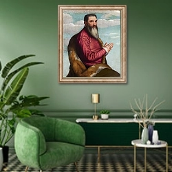 «Молящийся мужчина с длинной бородой» в интерьере гостиной в зеленых тонах