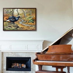 «Black Cock Grouse by a stream» в интерьере классической гостиной над камином