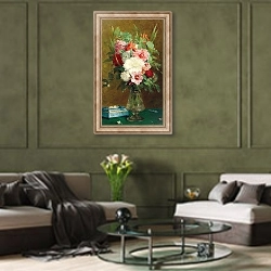 «Summer Flowers In A Glass Vase» в интерьере гостиной в оливковых тонах