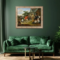 «The Peasants' Dance, 1678» в интерьере зеленой гостиной над диваном