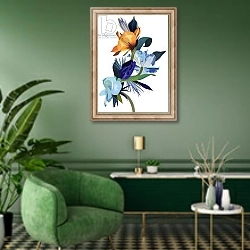 «Light blue flowers and orange flowers» в интерьере гостиной в зеленых тонах