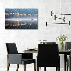 «Лодка на туманном озере на фоне осеннего леса» в интерьере современной столовой с черными креслами
