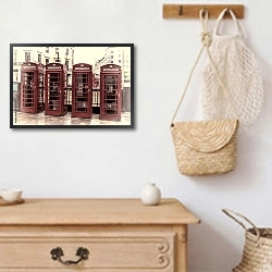 «Лондон, четыре красные телефонные будки, ретро фото» в интерьере в стиле ретро над комодом