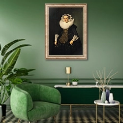 «Elisabeth van der Aa, 1628» в интерьере гостиной в зеленых тонах