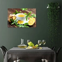 «Имбирный чай с лимоном» в интерьере столовой в зеленых тонах
