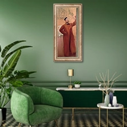 «In Front of the Mirror: Self Portrait, 1900» в интерьере гостиной в зеленых тонах