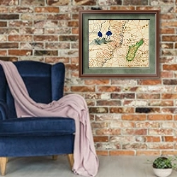 «Madagascar, from an Atlas of the World in 33 Maps, Venice, 1st September 1553» в интерьере в стиле лофт с кирпичной стеной и синим креслом