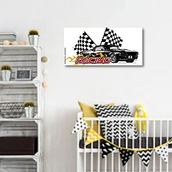 «Гоночная машина и флаги» в интерьере детской комнаты для мальчика с желтыми деталями