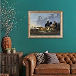 «Крестьяне со скотом рядом с речкой» в интерьере гостиной с зеленой стеной над диваном