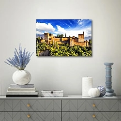 «Испания. Альгамбра. Гранада» в интерьере современной гостиной с голубыми деталями