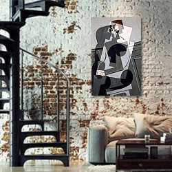 «Portrait of Josette Gris» в интерьере двухярусной гостиной в стиле лофт с кирпичной стеной
