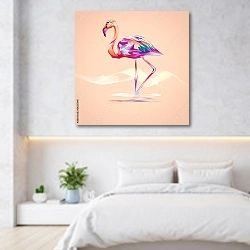 «Фламинго на оранжевом фоне» в интерьере светлой минималистичной спальне над кроватью