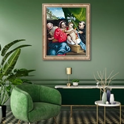 «Дева Мария с младенцем и Святыми 2» в интерьере гостиной в зеленых тонах