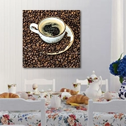 «Чашка чёрного кофе на зёрнах» в интерьере кухни в стиле прованс над столом с завтраком