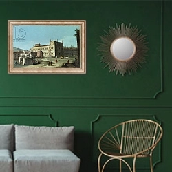 «View of the Palazzo del Quirinale, Rome» в интерьере классической гостиной с зеленой стеной над диваном