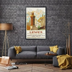 «Lewes, poster advertising Southern Railway» в интерьере в стиле лофт над диваном