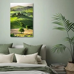 «Италия, Виноградники» в интерьере современной спальни в зеленых тонах