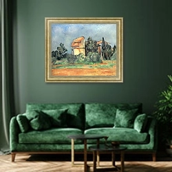«Голубятня в Белливу» в интерьере зеленой гостиной над диваном