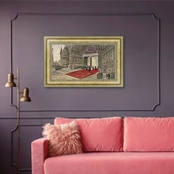 «Посещение императорской четой Реймского собора» в интерьере гостиной с розовым диваном