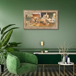 «John Kay, Inventor of the Fly Shuttle» в интерьере гостиной в зеленых тонах