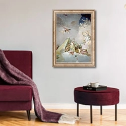 «The Glory of Spain, from the ceiling of the Throne Room, 1762-66» в интерьере гостиной в бордовых тонах