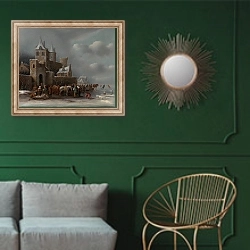 «Зимний пейзаж 2» в интерьере классической гостиной с зеленой стеной над диваном