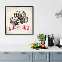 «Иллюстрация с тремя бочонками вина» в интерьере кухни в голубых тонах