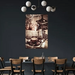 «Ароматный горячий кофе с шоколадом и сладким круассаном» в интерьере столовой с черными стенами