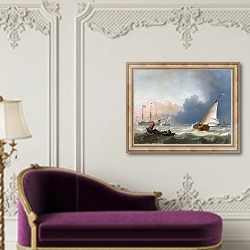 «Rough seas with a Dutch yacht under sail» в интерьере в классическом стиле над банкеткой