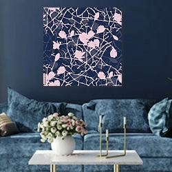 «Ветви розовых магнолий на синем фоне» в интерьере современной гостиной в синем цвете