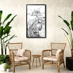 «Итальянские зарисовки ЧБ #6» в интерьере комнаты в стиле ретро с плетеными креслами