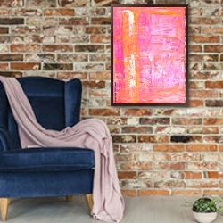 «Оранжево-розовая абстакция» в интерьере в стиле лофт с кирпичной стеной и синим креслом