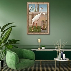 «Indian Crane, Cockatoo, Bullfinch and Thrush» в интерьере гостиной в зеленых тонах